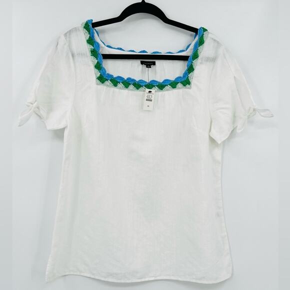 🆕 NWT Talbots Crochet Trim Linen Top Blouse Square Neck Bow Tie Sleeve Medium - Picture 5 of 16